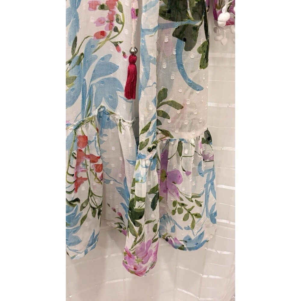 Club Z Collection Boho Floral Sheer Tunic Dress Pom Pom Trim Tassel Waist Size M - Picture 5 of 10